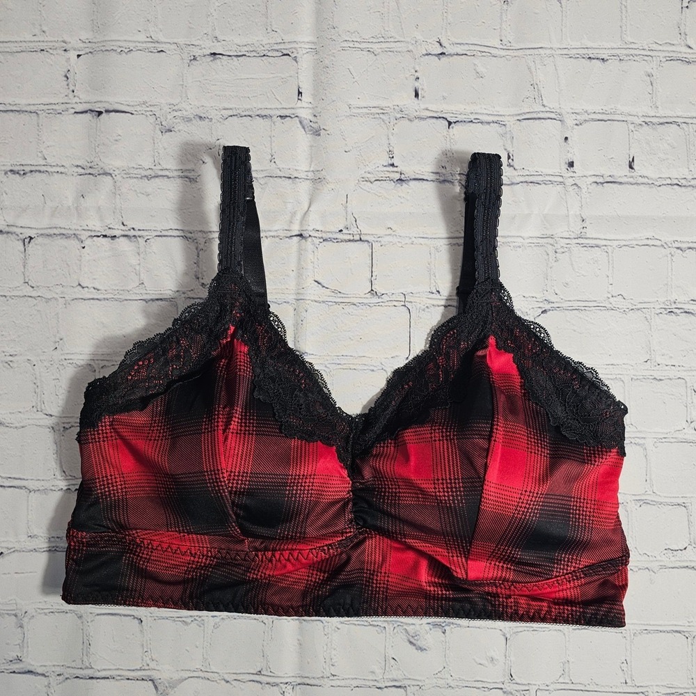 Torrid Curve Red Black Plaid Lace Trim Bralette Comfort Bra Plus Size 1